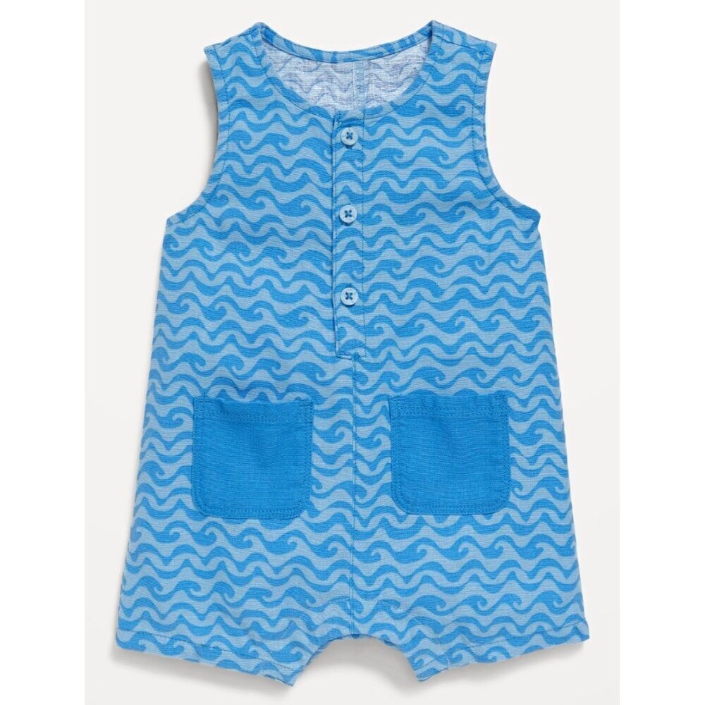 Old Navy Baby Romper Blue Wave Linen Blend Henley One Piece 6-12 months - Picture 4 of 5